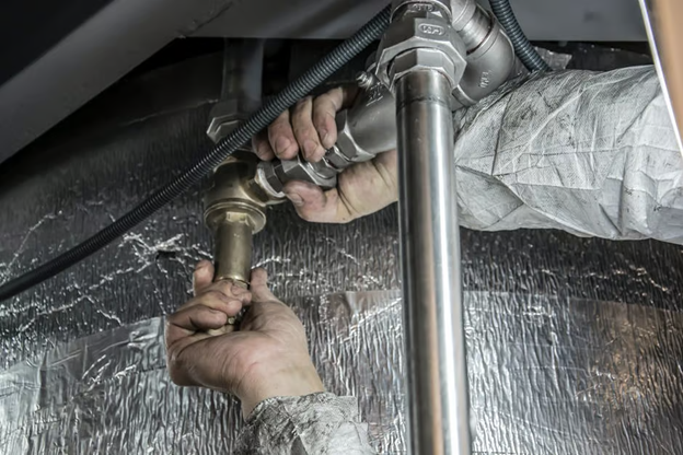 man's hands working on plumbing fittings