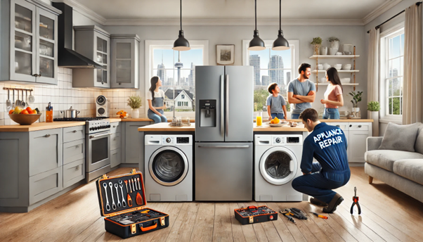 appliance repair man working in home