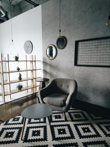 modern room with pattern carpet