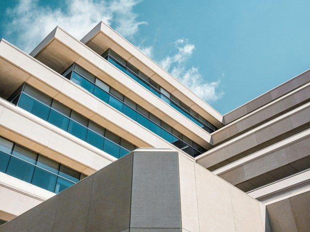 building with windows and blue sky