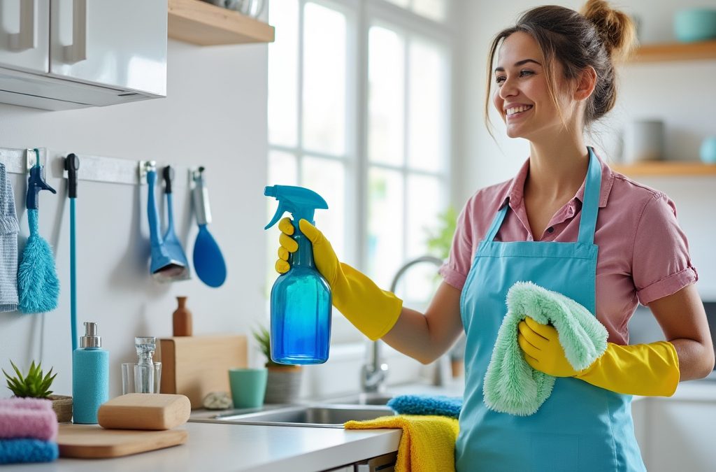 maid with cleaning products cleaning a kitchen