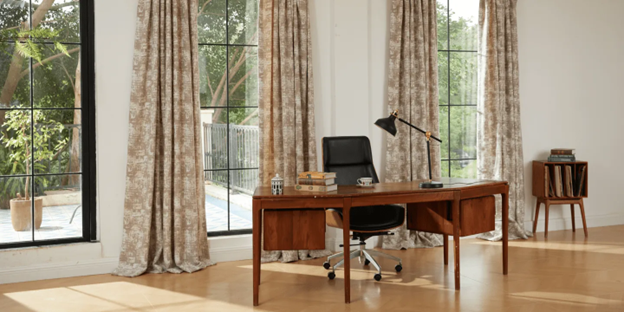 home office with floor length curtains