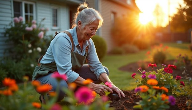 woman tending to garden at sunset