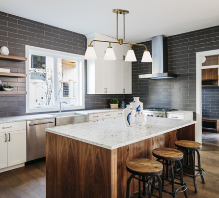 pendant style light fixture over island in newly remodeled kitchen