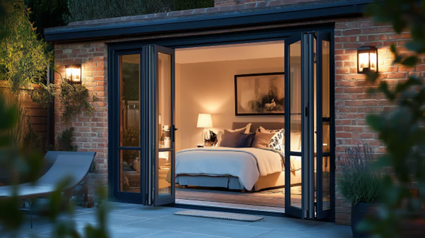 bedroom with folding patio doors leading outside