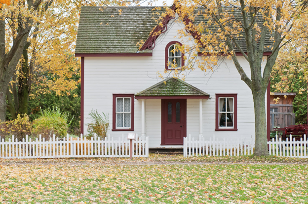 home and yard in fall that needs leaves raked