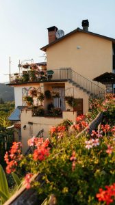 house with lots of plants on exterior stairs