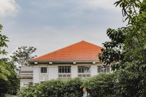 white house with red roof