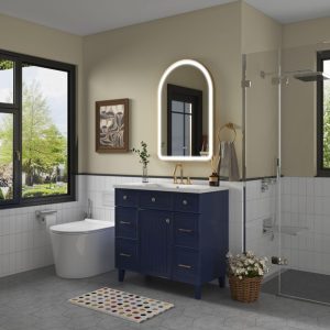 modern bathroom with smart toilet and blue vanity