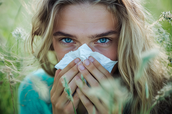 woman in field sneezing into tissue