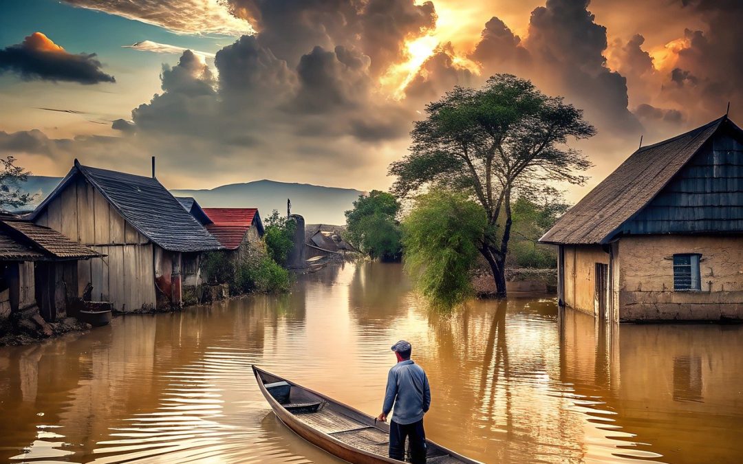 houses in flood water with man in boat