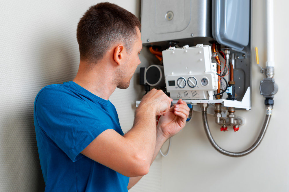 image of a man fixing a water heater