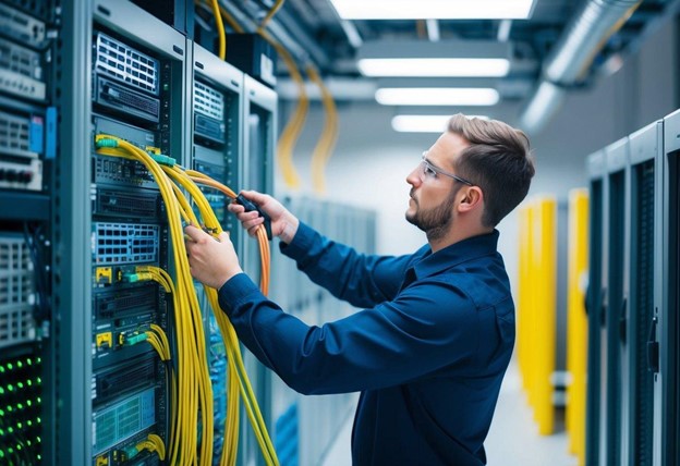 man working on fiber optic network cables