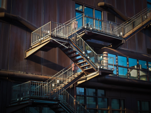 metal building with exterior staircase