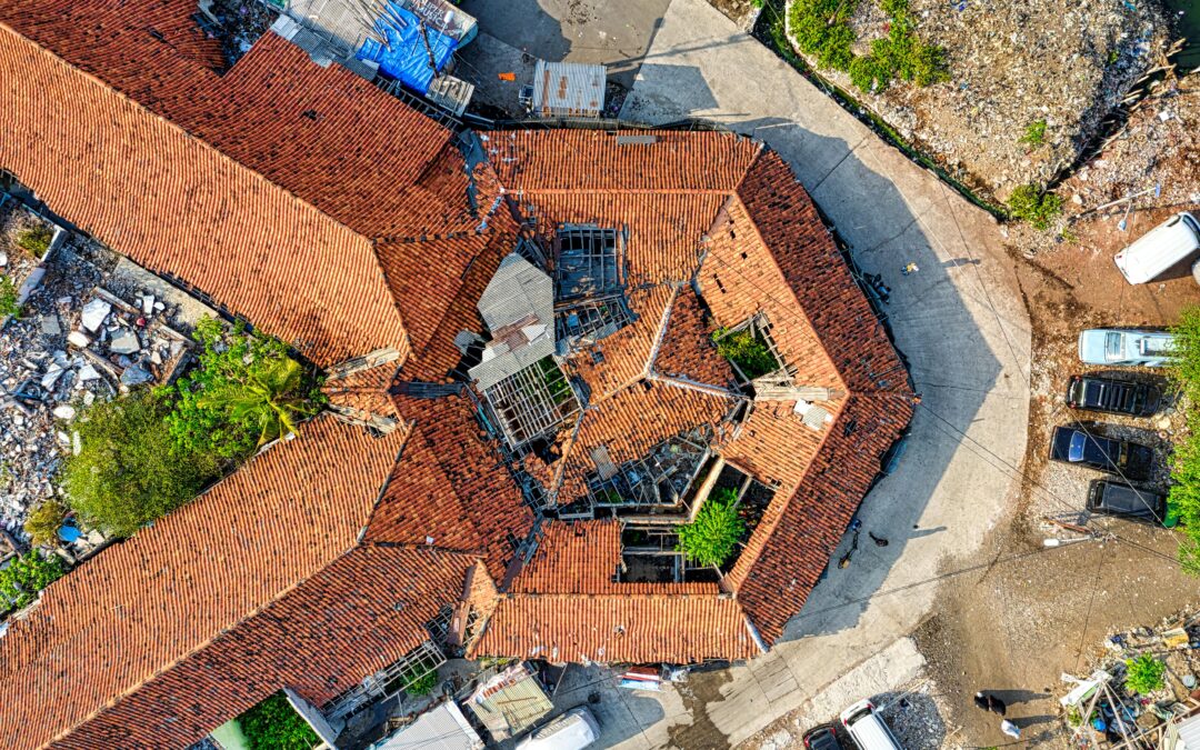 aerial shot of a damaged roof