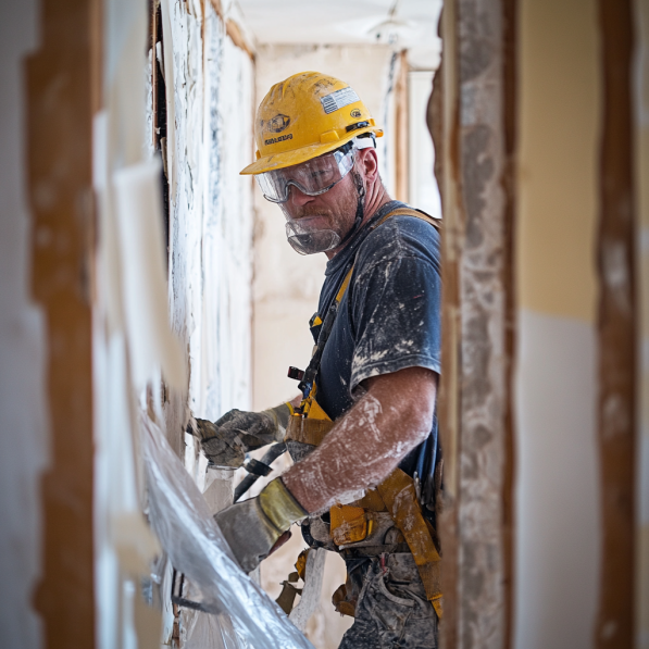 man working construction covered in plaster