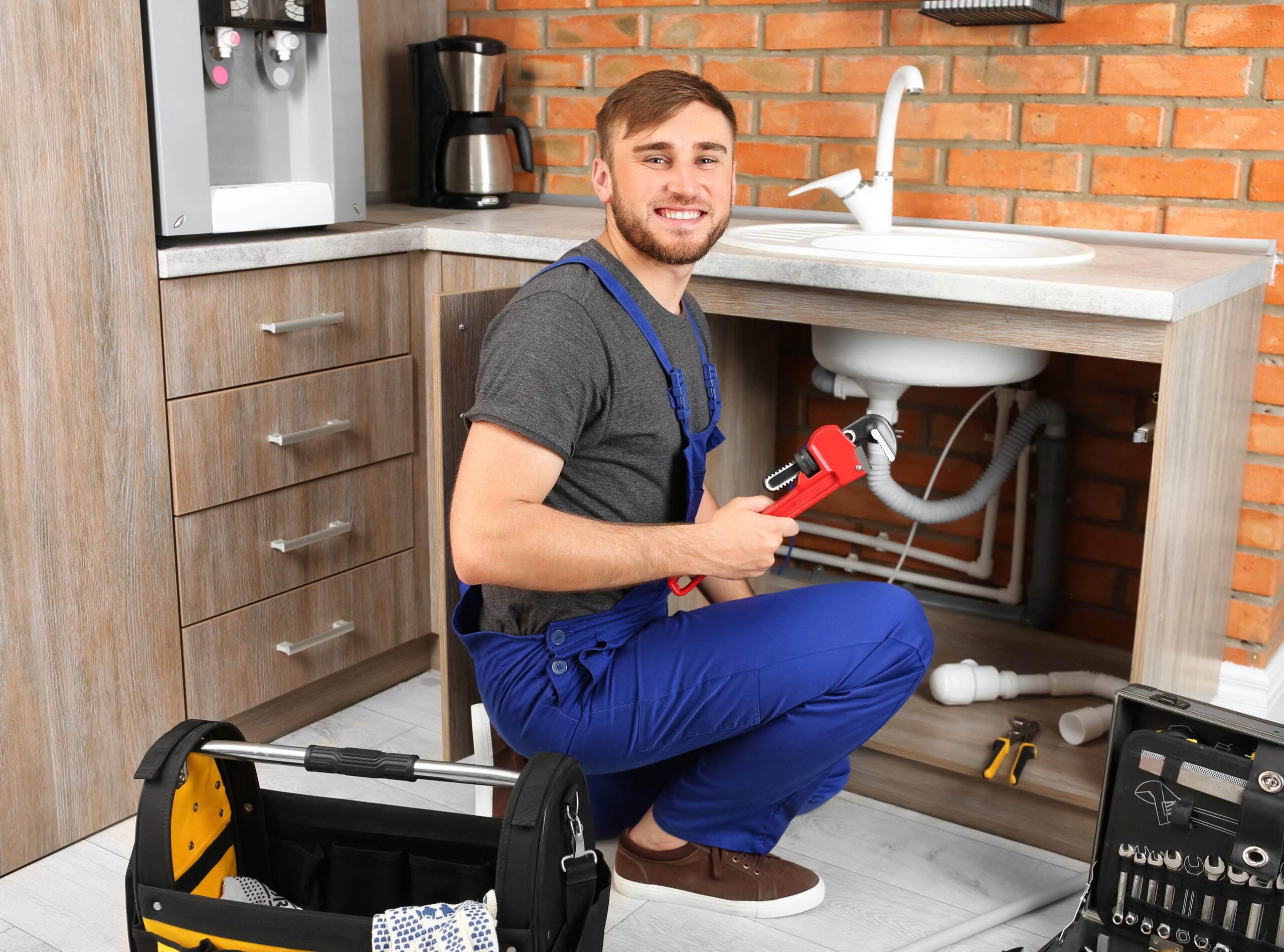 Professional plumber in uniform with pipe wrench near kitchen sink plumbing emergency