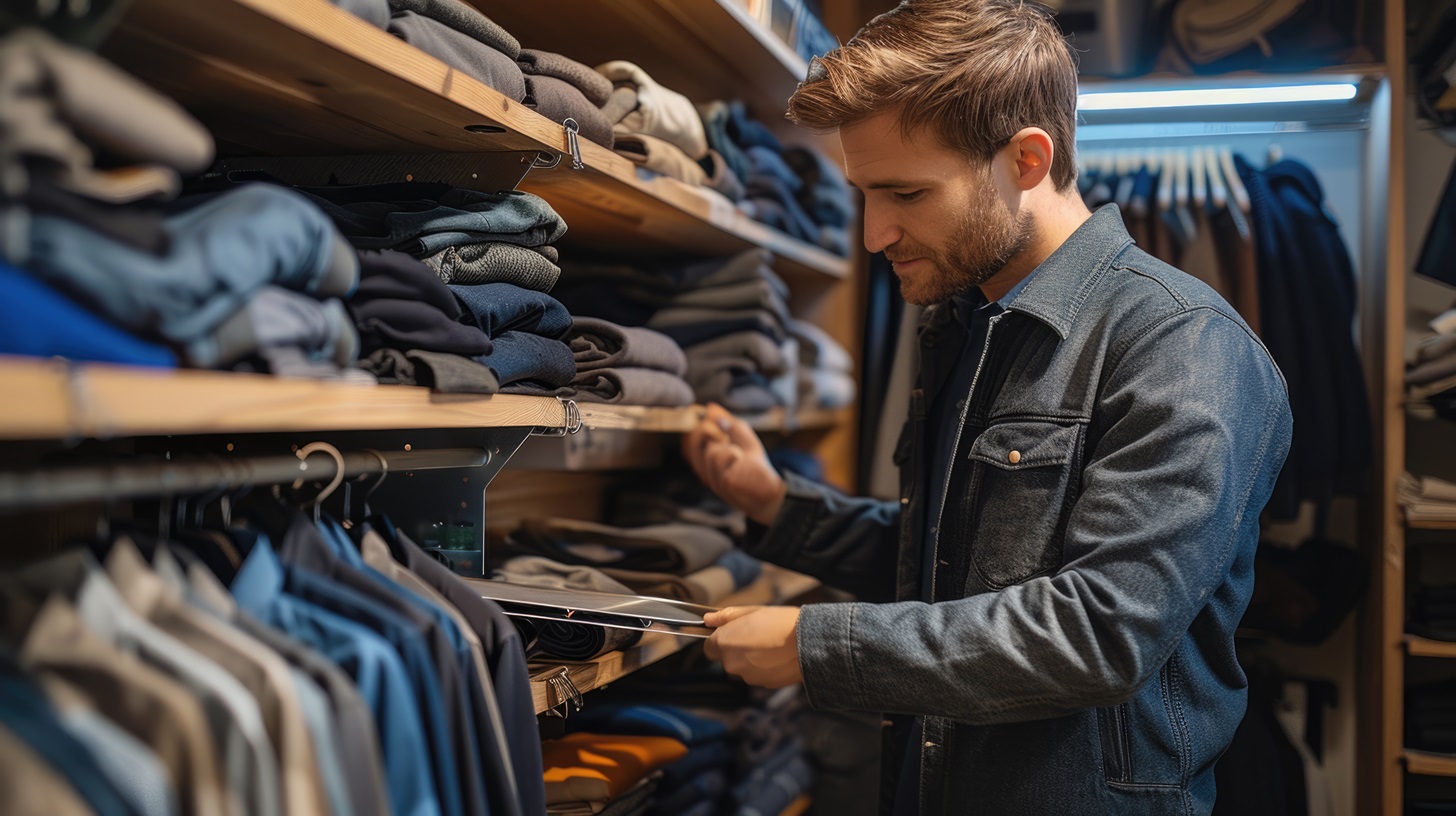 man looking through shelves of closet wardrobe