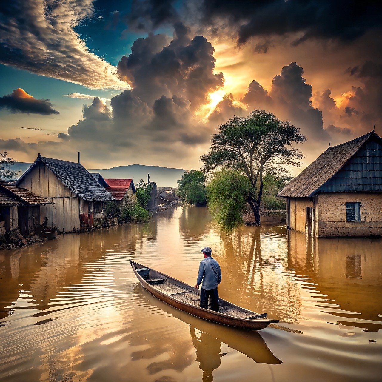 houses in flood water with man in boat