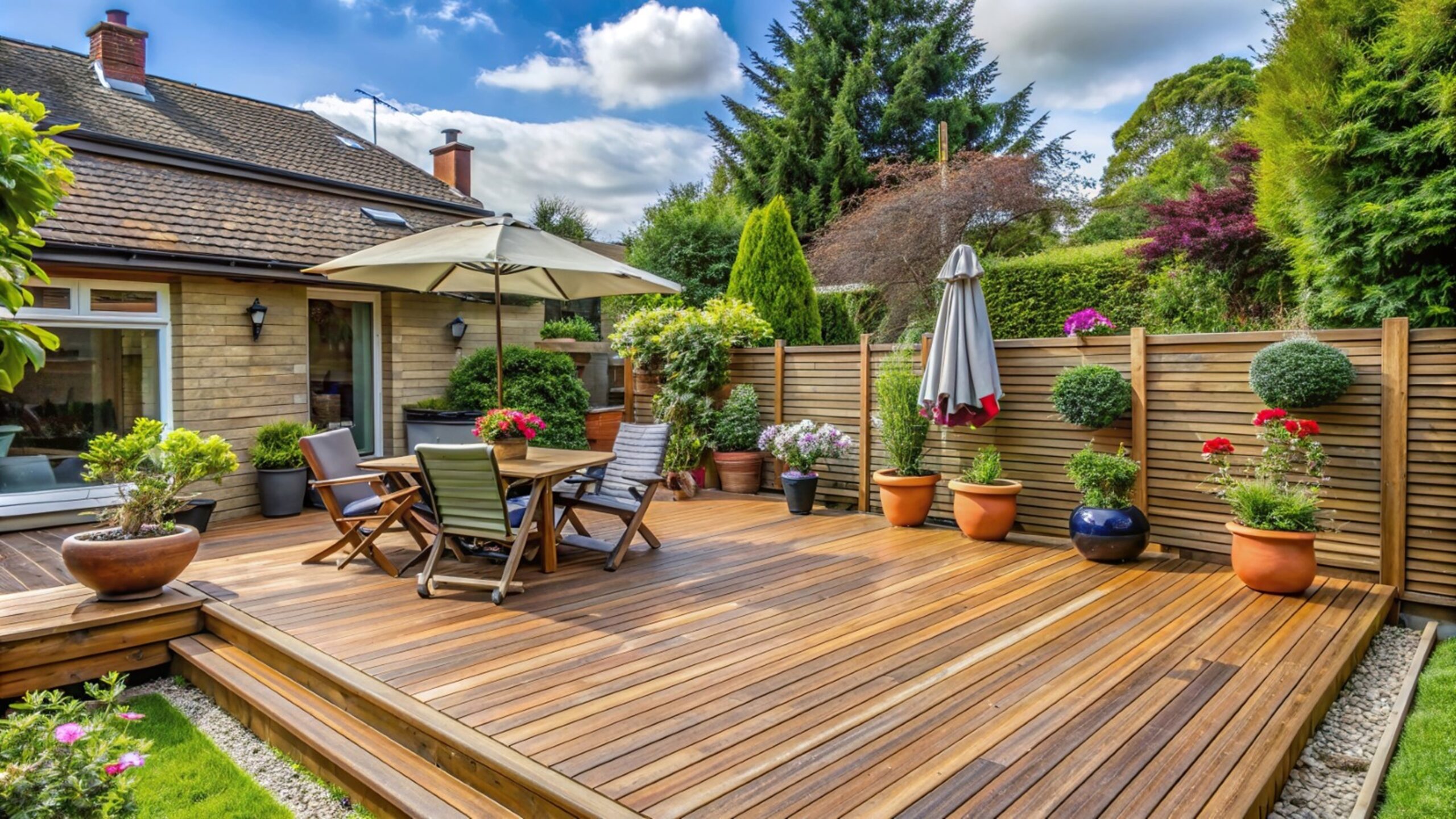 beautiful woode deck with plant and furniture