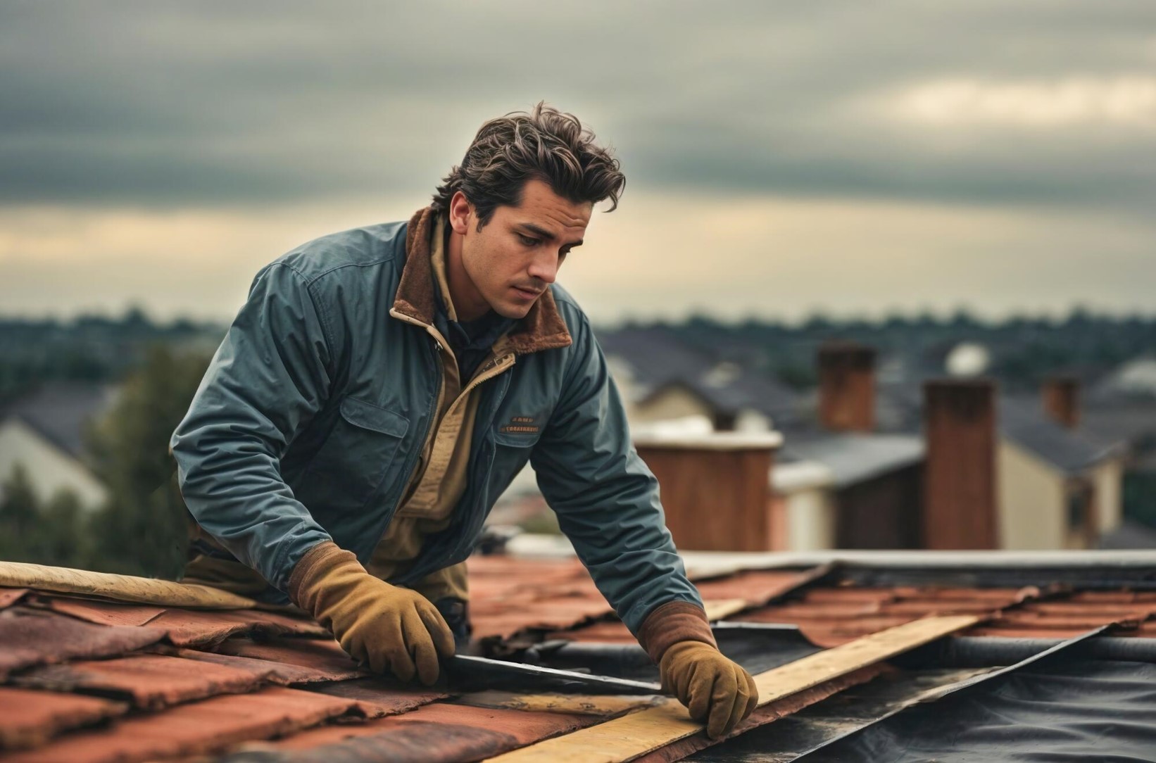 man working on roof shingles man working to repair roof